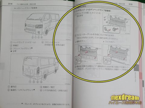 200系ハイエース４型　取扱説明書  グリルの取り外し方法